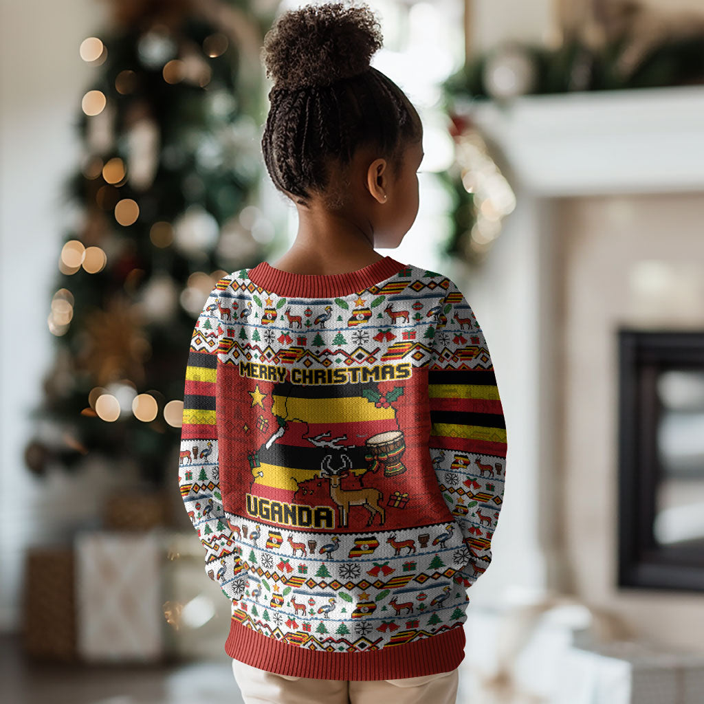 Uganda Christmas Crested Crane Kid Ugly Christmas Sweater Ugandan Kob - Map Flag - Ssekukkulu Ennungi - Ugly Pixel Art