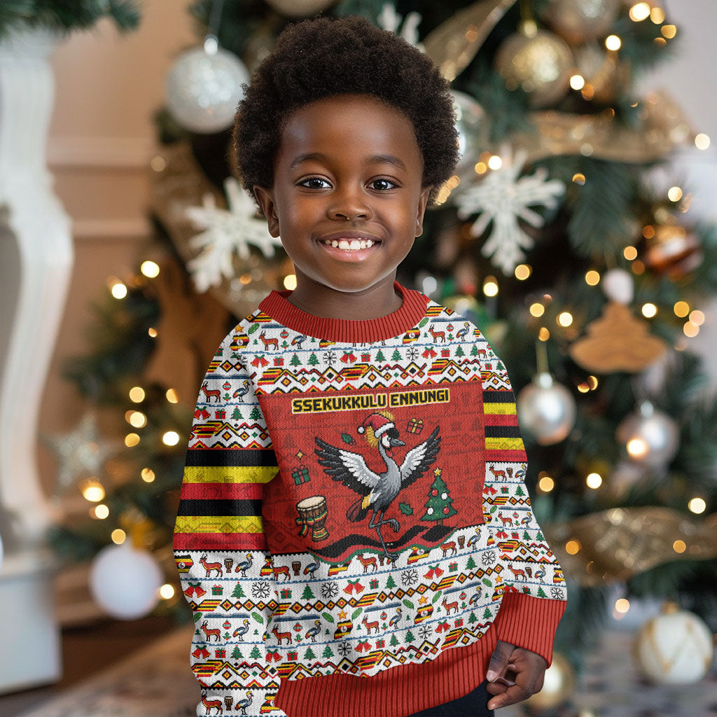 Uganda Christmas Crested Crane Kid Ugly Christmas Sweater Ugandan Kob - Map Flag - Ssekukkulu Ennungi - Ugly Pixel Art