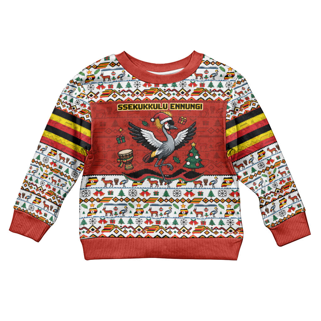 Uganda Christmas Crested Crane Kid Ugly Christmas Sweater Ugandan Kob - Map Flag - Ssekukkulu Ennungi - Ugly Pixel Art