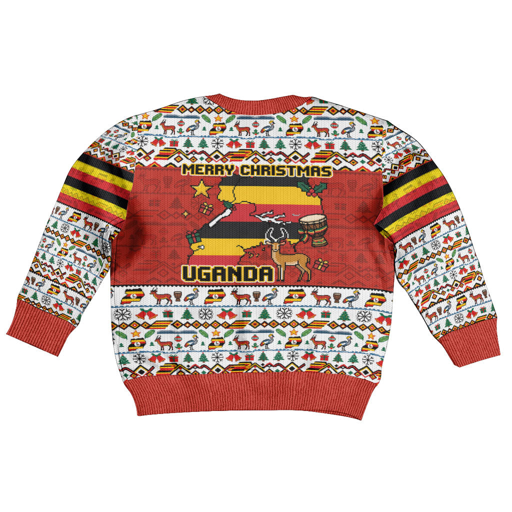 Uganda Christmas Crested Crane Kid Ugly Christmas Sweater Ugandan Kob - Map Flag - Ssekukkulu Ennungi - Ugly Pixel Art