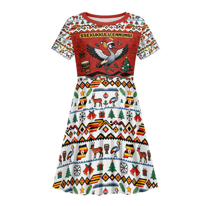 Uganda Christmas Crested Crane Kid Short Sleeve Dress Ugandan Kob - Map Flag - Ssekukkulu Ennungi - Ugly Pixel Art