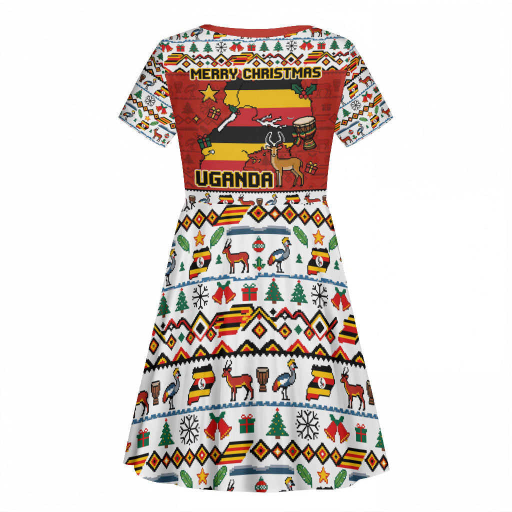 Uganda Christmas Crested Crane Kid Short Sleeve Dress Ugandan Kob - Map Flag - Ssekukkulu Ennungi - Ugly Pixel Art