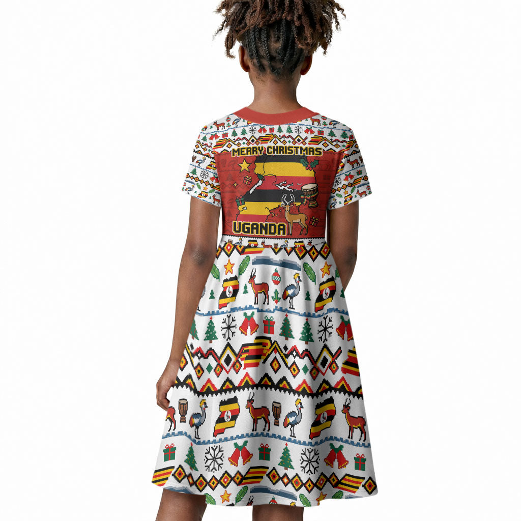 Uganda Christmas Crested Crane Kid Short Sleeve Dress Ugandan Kob - Map Flag - Ssekukkulu Ennungi - Ugly Pixel Art
