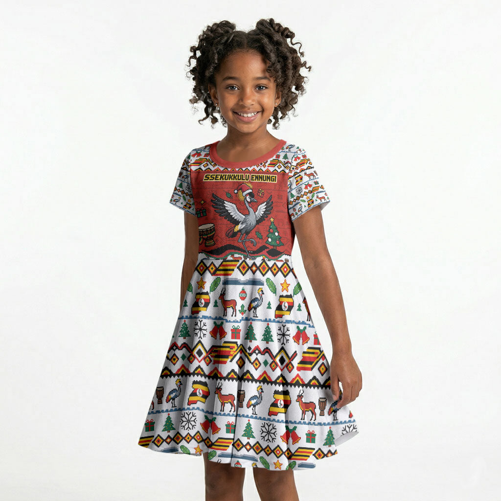Uganda Christmas Crested Crane Kid Short Sleeve Dress Ugandan Kob - Map Flag - Ssekukkulu Ennungi - Ugly Pixel Art