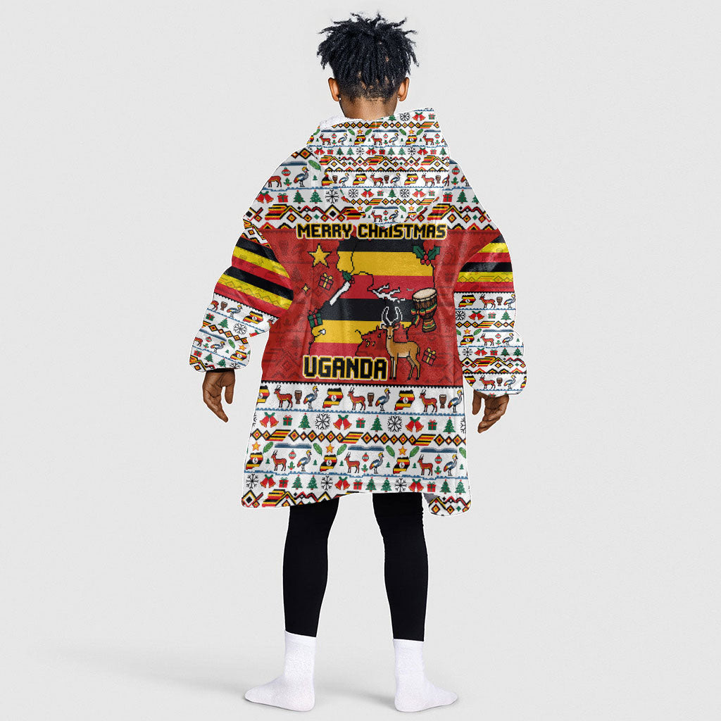 Uganda Christmas Crested Crane Kid Wearable Blanket Hoodie Ugandan Kob - Map Flag - Ssekukkulu Ennungi - Ugly Pixel Art