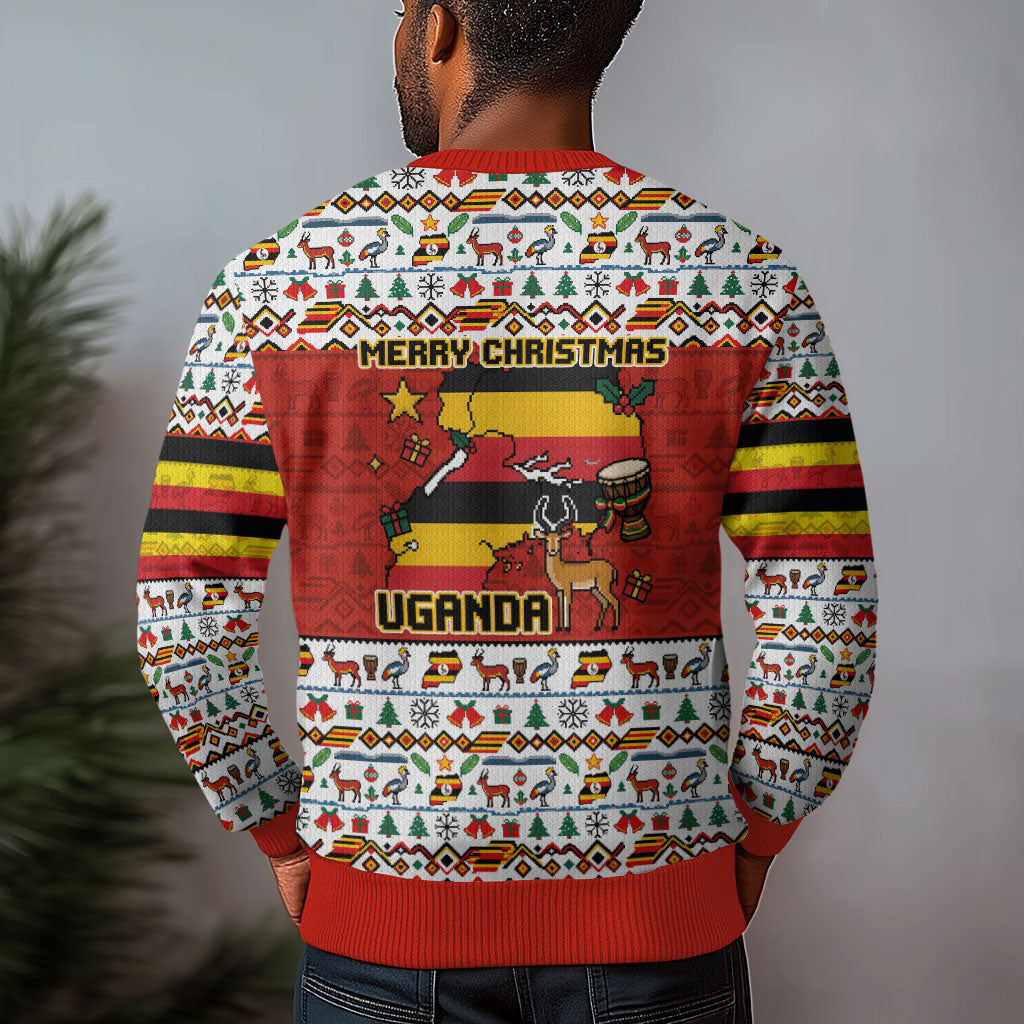 Uganda Christmas Crested Crane Ugly Christmas Sweater Ugandan Kob - Map Flag - Ssekukkulu Ennungi - Ugly Pixel Art
