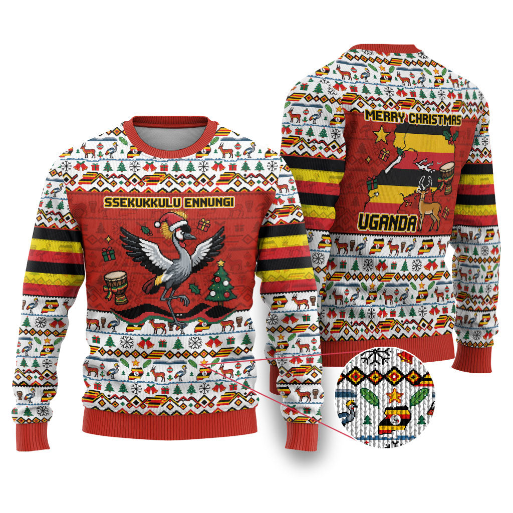 Uganda Christmas Crested Crane Ugly Christmas Sweater Ugandan Kob - Map Flag - Ssekukkulu Ennungi - Ugly Pixel Art