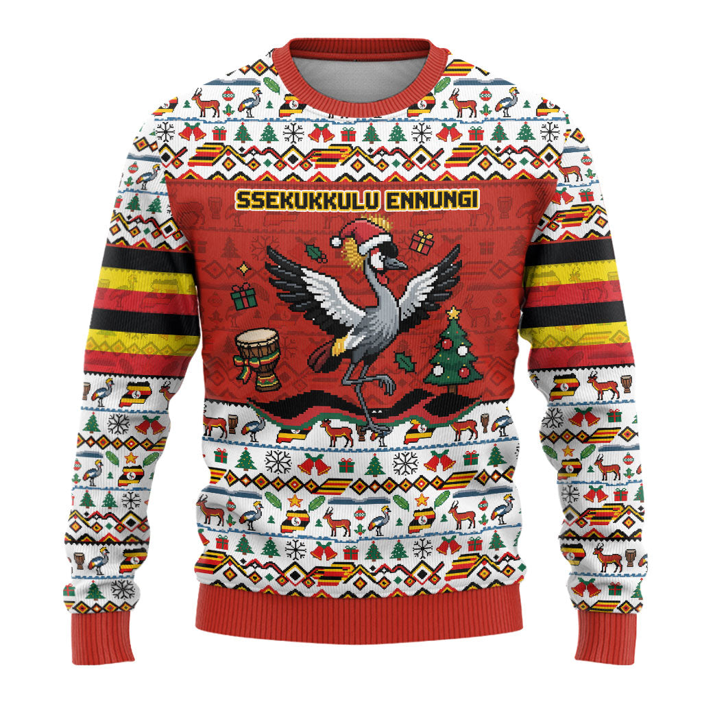 Uganda Christmas Crested Crane Ugly Christmas Sweater Ugandan Kob - Map Flag - Ssekukkulu Ennungi - Ugly Pixel Art