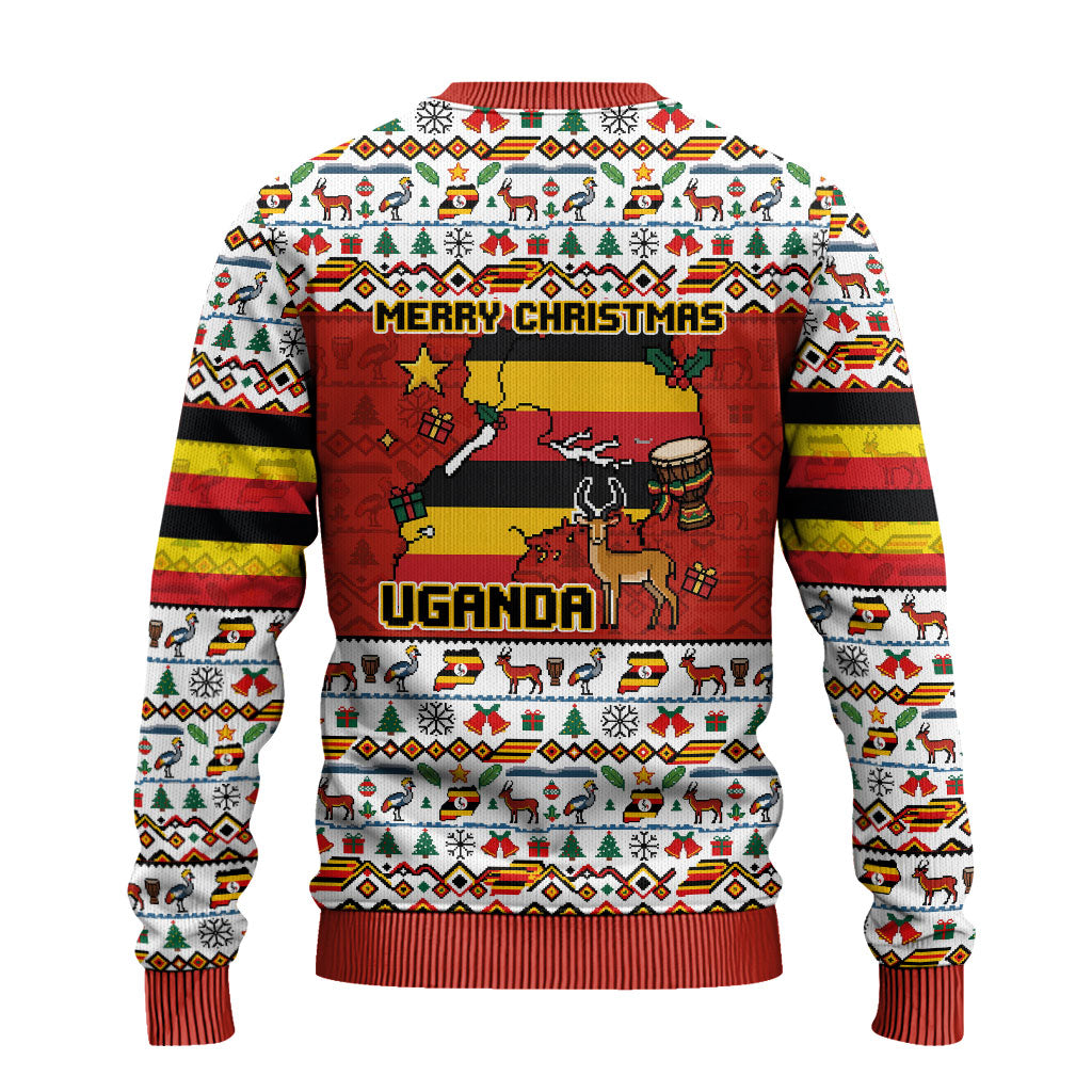 Uganda Christmas Crested Crane Ugly Christmas Sweater Ugandan Kob - Map Flag - Ssekukkulu Ennungi - Ugly Pixel Art