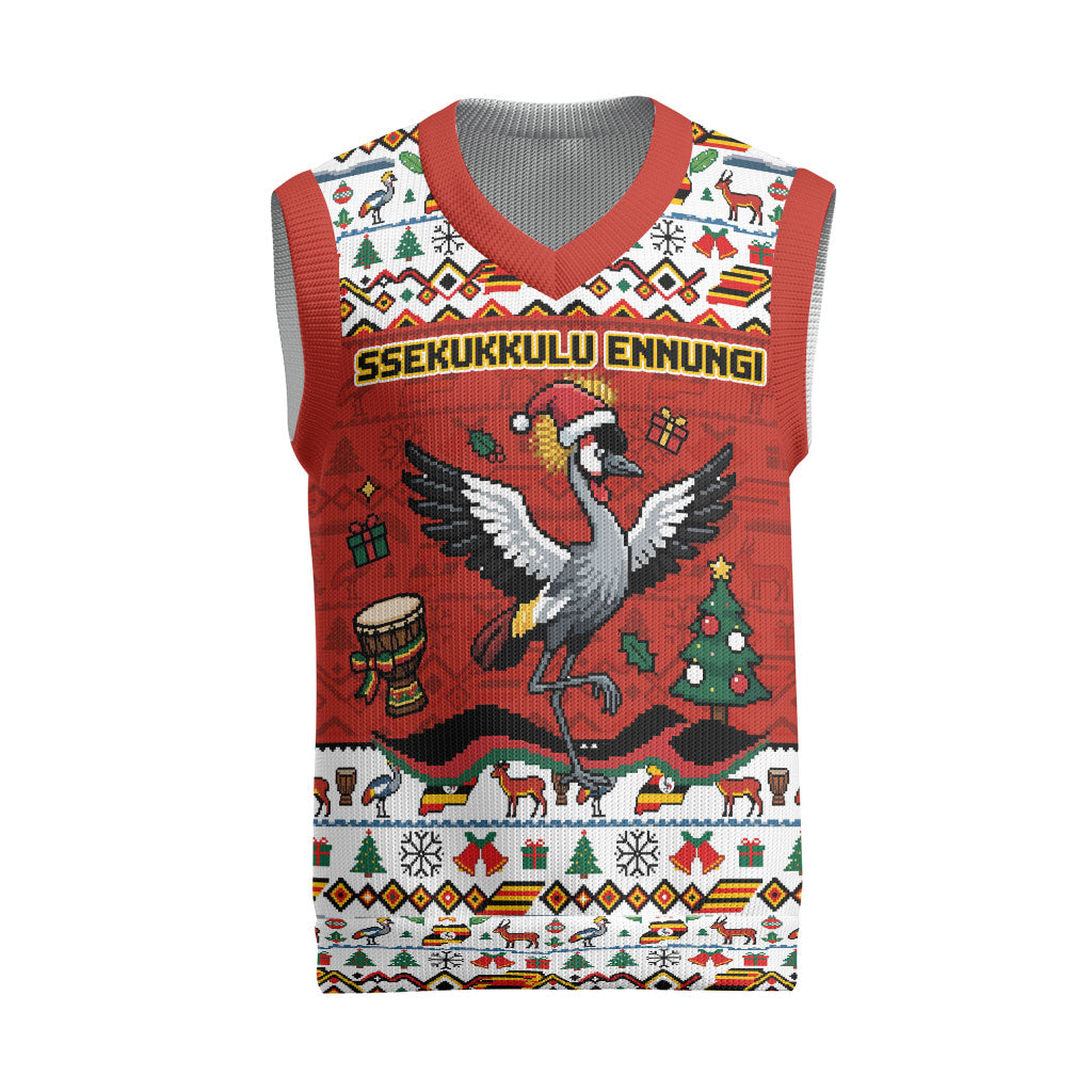 Uganda Christmas Crested Crane Christmas Knitted V-Neck Vest Ugandan Kob - Map Flag - Ssekukkulu Ennungi - Ugly Pixel Art