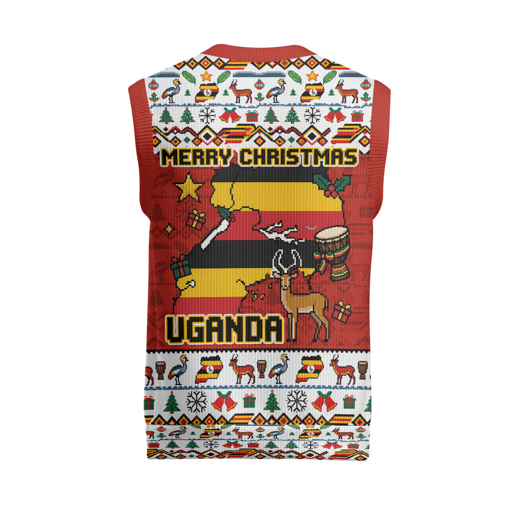 Uganda Christmas Crested Crane Christmas Knitted V-Neck Vest Ugandan Kob - Map Flag - Ssekukkulu Ennungi - Ugly Pixel Art