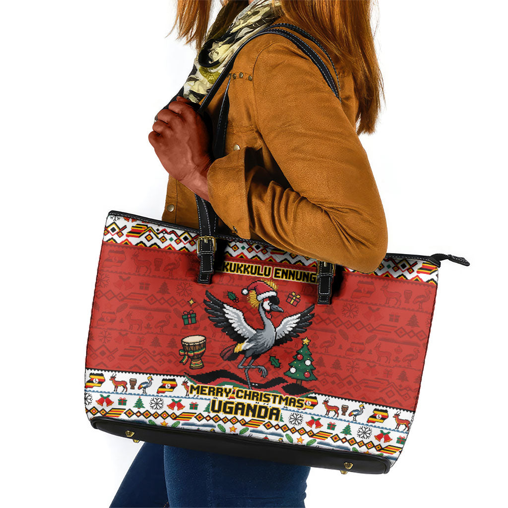 Uganda Christmas Crested Crane Leather Tote Bag Ugandan Kob - Map Flag - Ssekukkulu Ennungi - Ugly Pixel Art