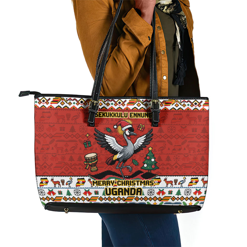 Uganda Christmas Crested Crane Leather Tote Bag Ugandan Kob - Map Flag - Ssekukkulu Ennungi - Ugly Pixel Art