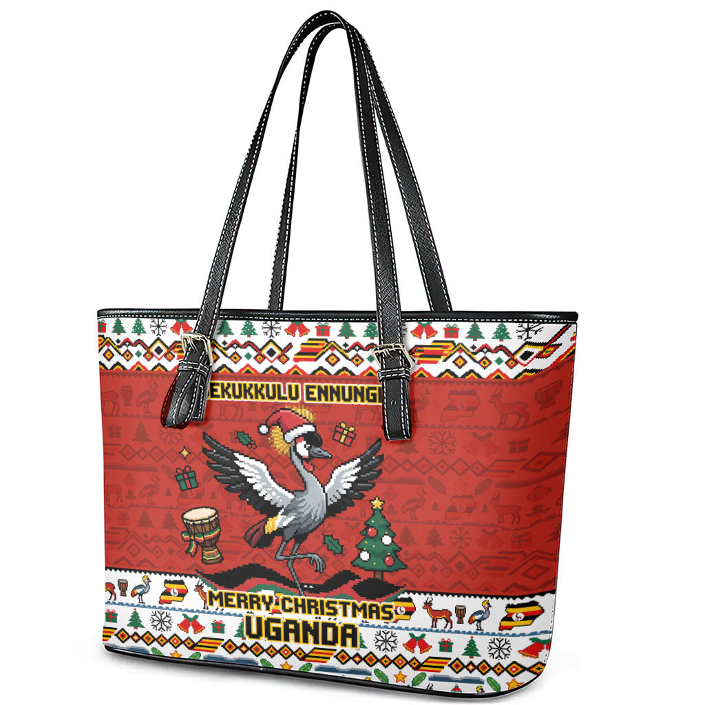 Uganda Christmas Crested Crane Leather Tote Bag Ugandan Kob - Map Flag - Ssekukkulu Ennungi - Ugly Pixel Art