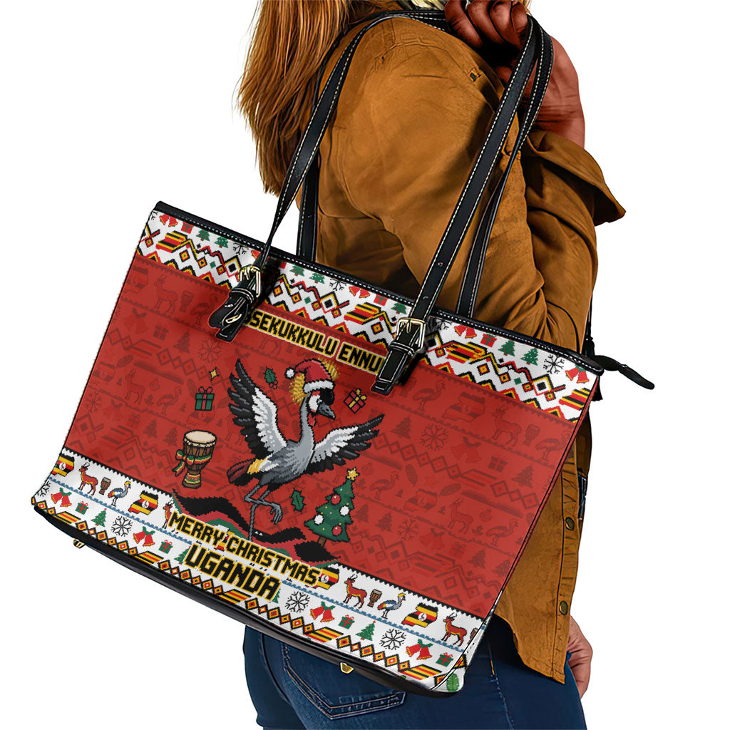 Uganda Christmas Crested Crane Leather Tote Bag Ugandan Kob - Map Flag - Ssekukkulu Ennungi - Ugly Pixel Art