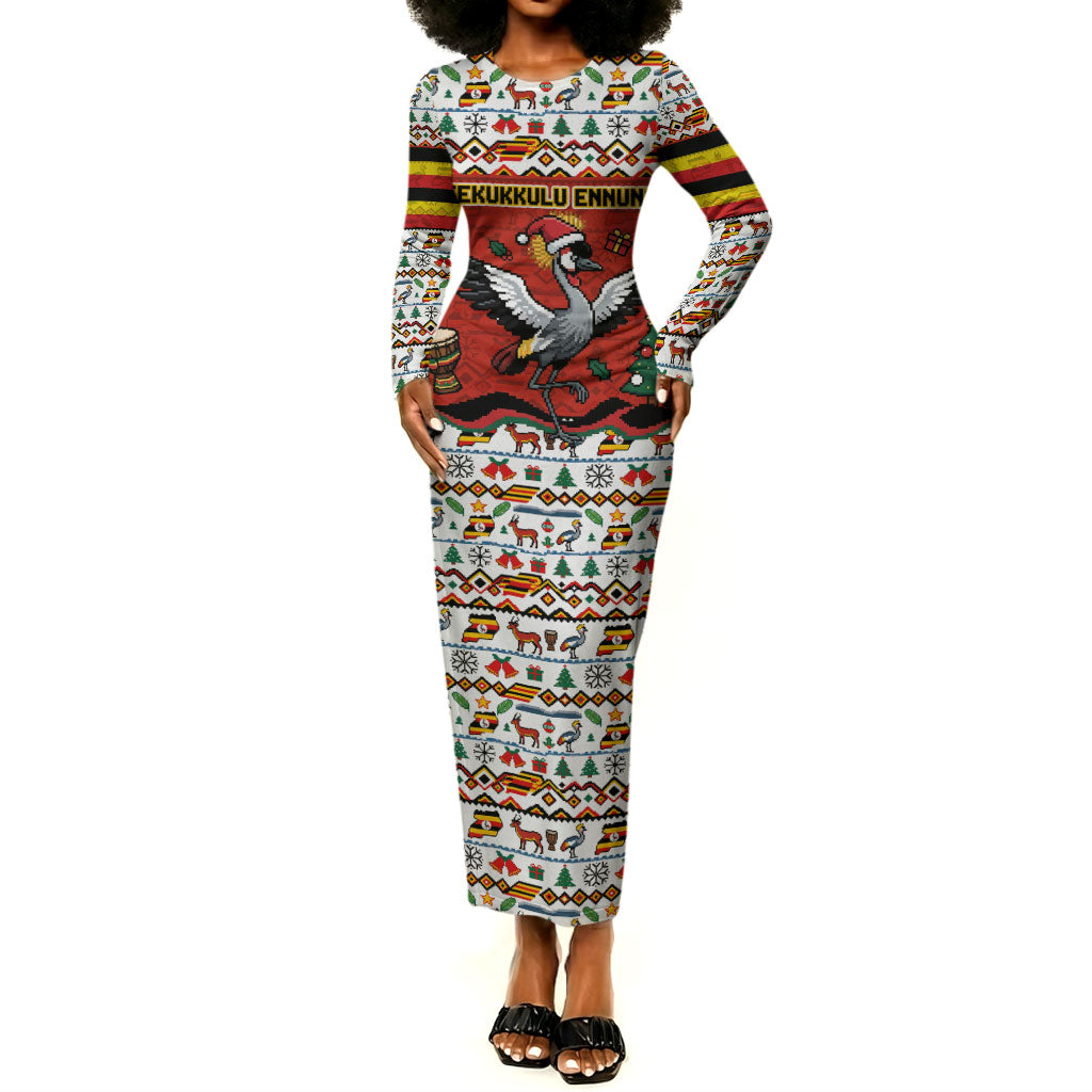 Uganda Christmas Crested Crane Long Sleeve Bodycon Dress Ugandan Kob - Map Flag - Ssekukkulu Ennungi - Ugly Pixel Art