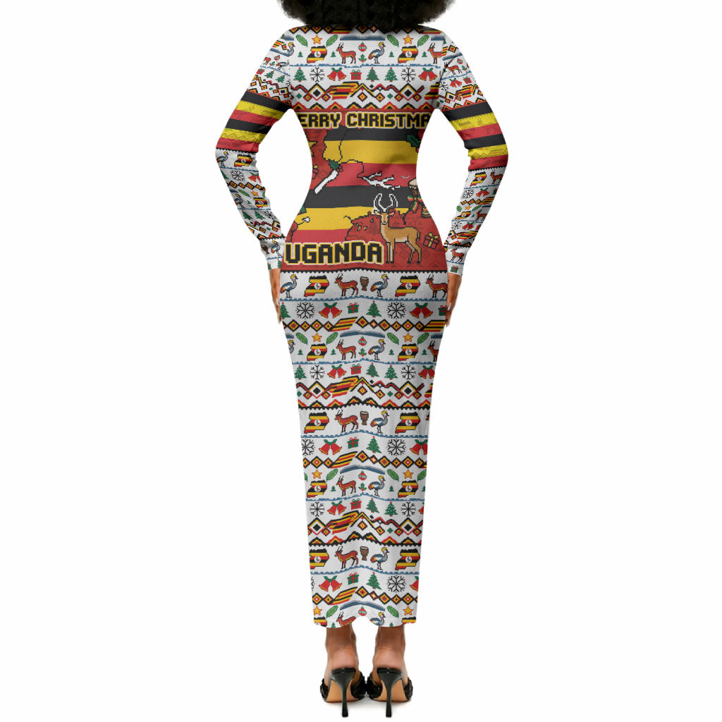Uganda Christmas Crested Crane Long Sleeve Bodycon Dress Ugandan Kob - Map Flag - Ssekukkulu Ennungi - Ugly Pixel Art