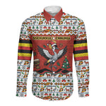 Uganda Christmas Crested Crane Long Sleeve Button Shirt Ugandan Kob - Map Flag - Ssekukkulu Ennungi - Ugly Pixel Art