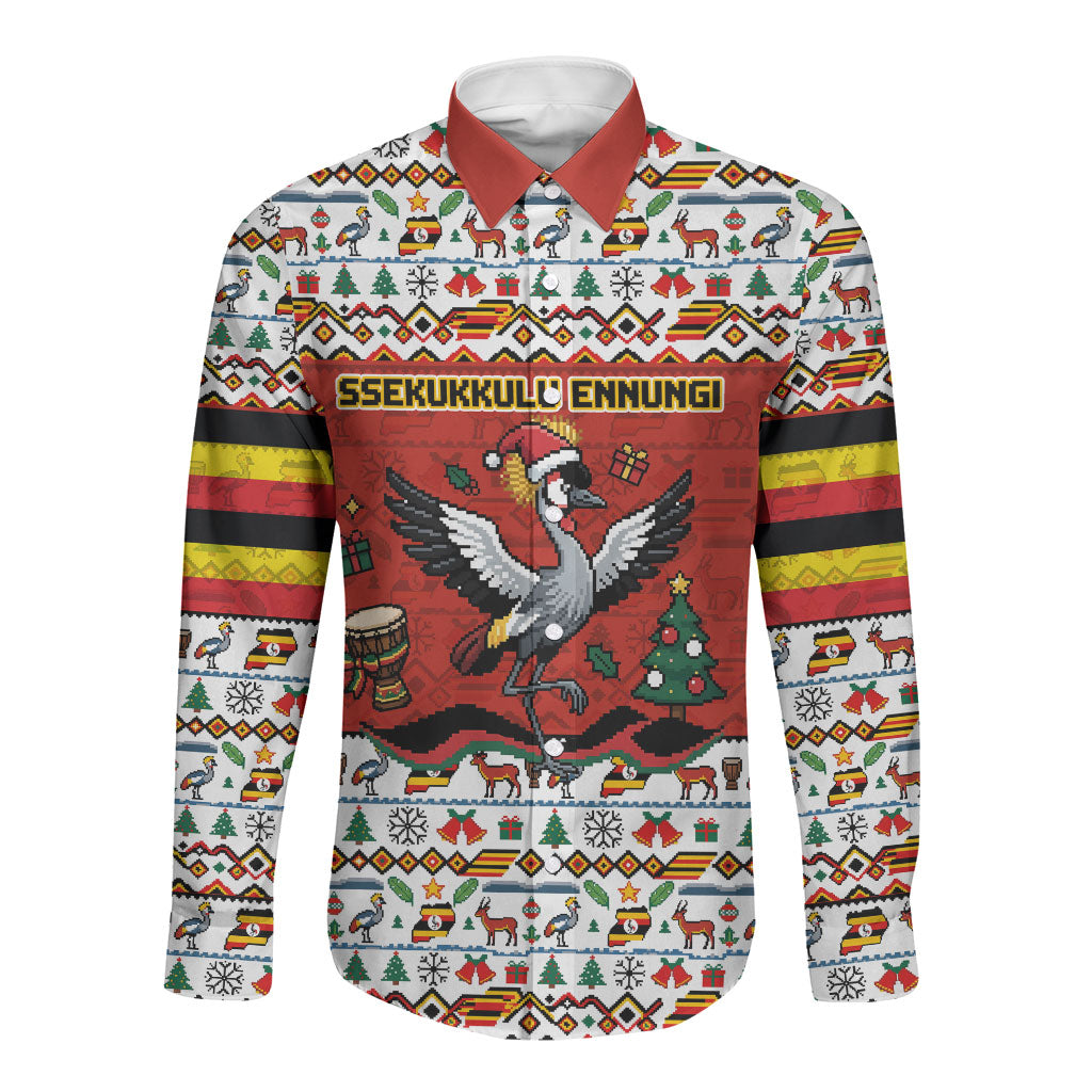 Uganda Christmas Crested Crane Long Sleeve Button Shirt Ugandan Kob - Map Flag - Ssekukkulu Ennungi - Ugly Pixel Art