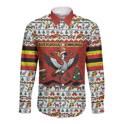 Uganda Christmas Crested Crane Long Sleeve Button Shirt Ugandan Kob - Map Flag - Ssekukkulu Ennungi - Ugly Pixel Art