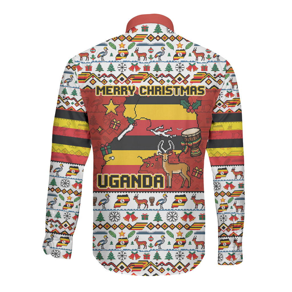 Uganda Christmas Crested Crane Long Sleeve Button Shirt Ugandan Kob - Map Flag - Ssekukkulu Ennungi - Ugly Pixel Art