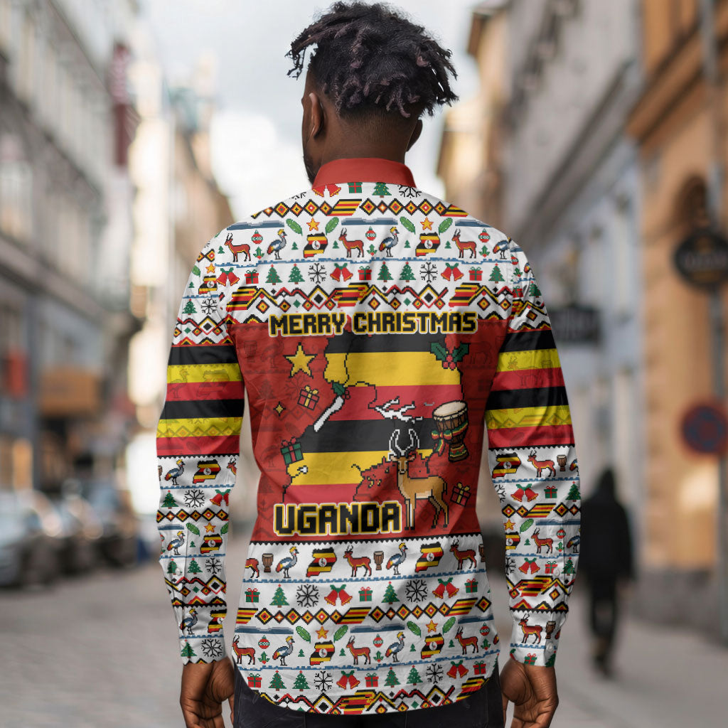 Uganda Christmas Crested Crane Long Sleeve Button Shirt Ugandan Kob - Map Flag - Ssekukkulu Ennungi - Ugly Pixel Art