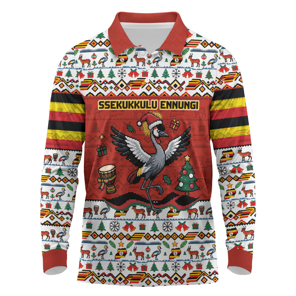 Uganda Christmas Crested Crane Long Sleeve Polo Shirt Ugandan Kob - Map Flag - Ssekukkulu Ennungi - Ugly Pixel Art