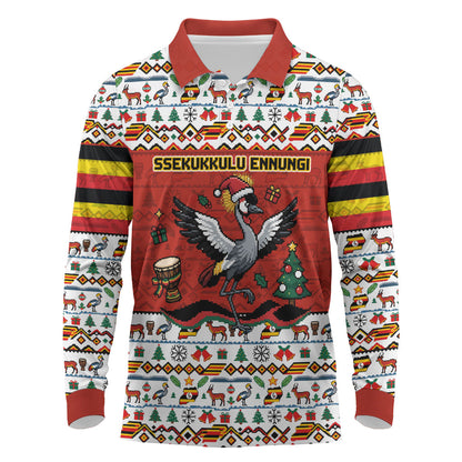 Uganda Christmas Crested Crane Long Sleeve Polo Shirt Ugandan Kob - Map Flag - Ssekukkulu Ennungi - Ugly Pixel Art