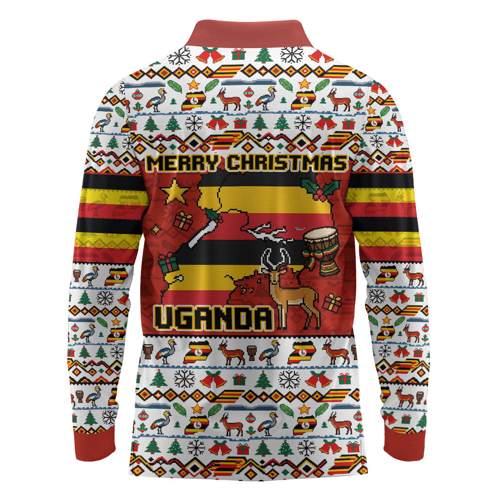 Uganda Christmas Crested Crane Long Sleeve Polo Shirt Ugandan Kob - Map Flag - Ssekukkulu Ennungi - Ugly Pixel Art