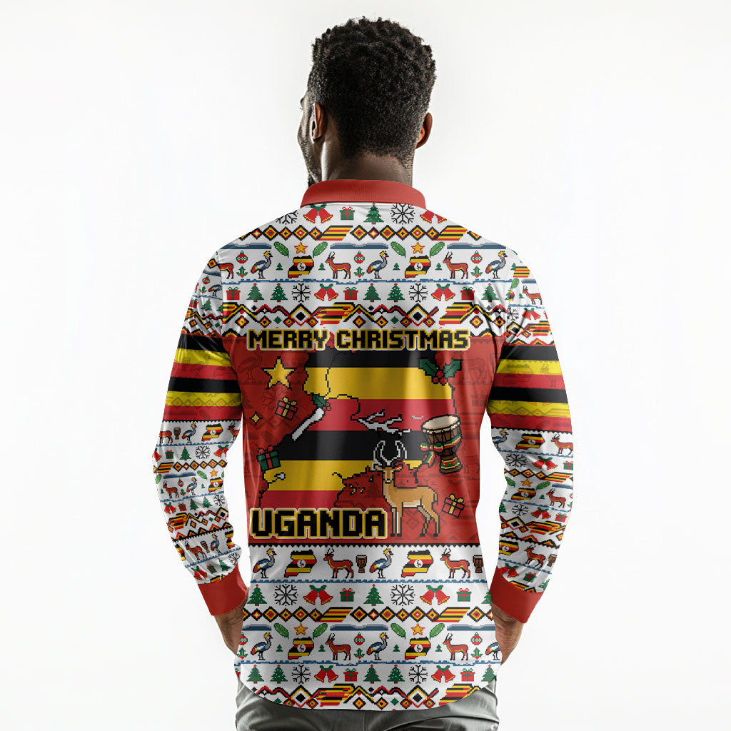 Uganda Christmas Crested Crane Long Sleeve Polo Shirt Ugandan Kob - Map Flag - Ssekukkulu Ennungi - Ugly Pixel Art