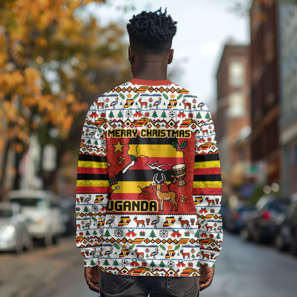 Uganda Christmas Crested Crane Long Sleeve Shirt Ugandan Kob - Map Flag - Ssekukkulu Ennungi - Ugly Pixel Art