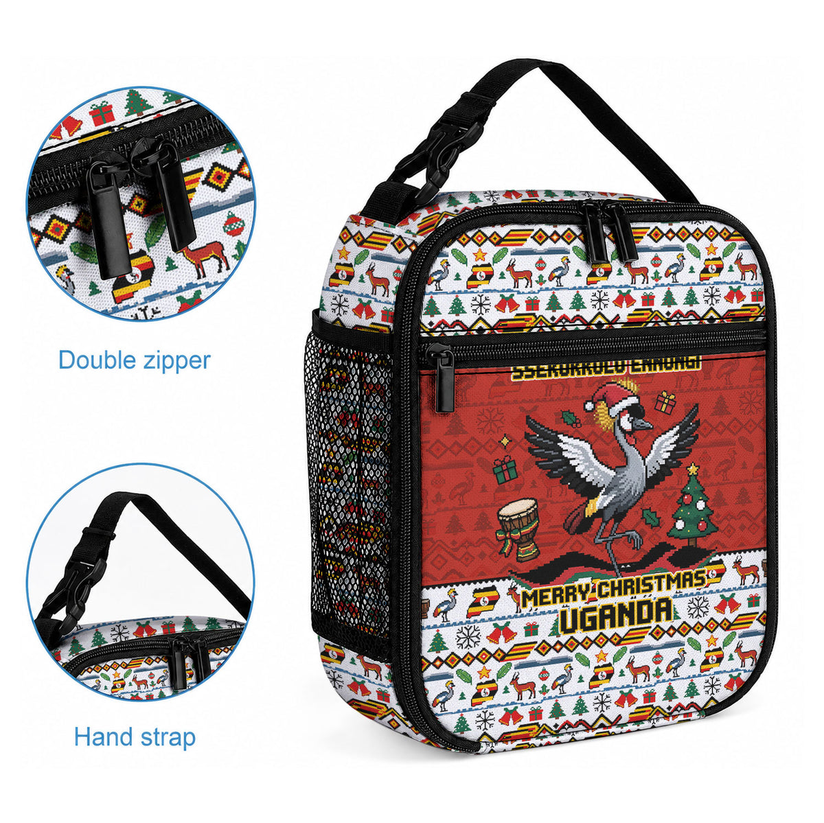 Uganda Christmas Crested Crane Lunch Bag Ugandan Kob - Map Flag - Ssekukkulu Ennungi - Ugly Pixel Art