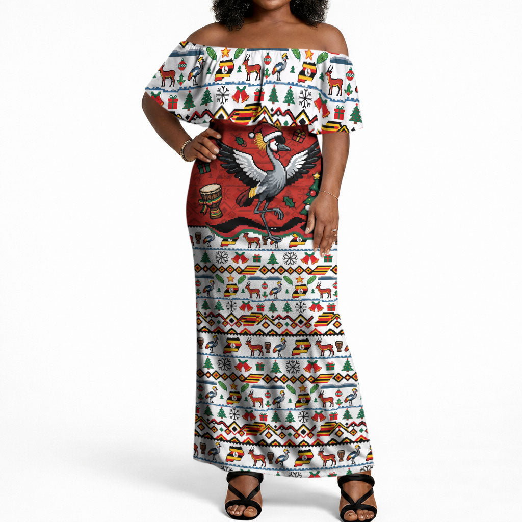 Uganda Christmas Crested Crane Off Shoulder Maxi Dress Ugandan Kob - Map Flag - Ssekukkulu Ennungi - Ugly Pixel Art