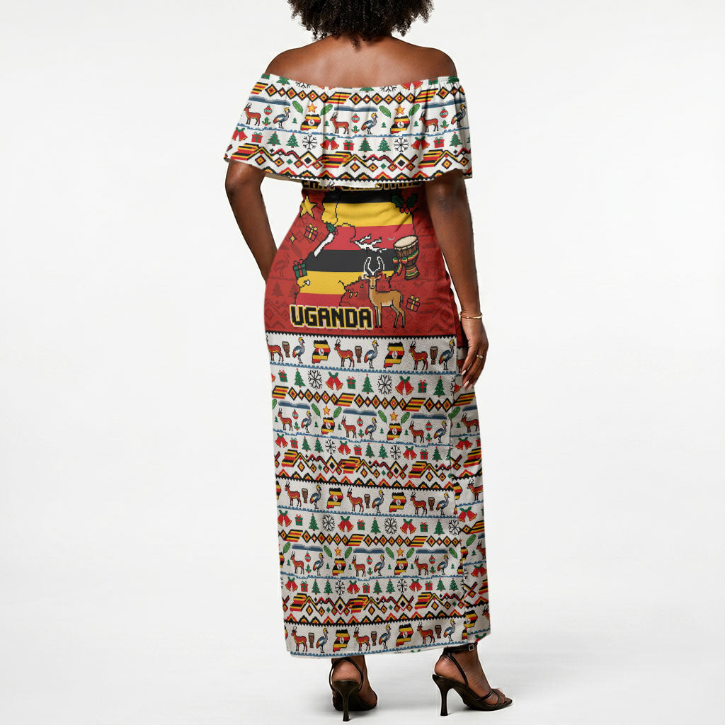 Uganda Christmas Crested Crane Off Shoulder Maxi Dress Ugandan Kob - Map Flag - Ssekukkulu Ennungi - Ugly Pixel Art