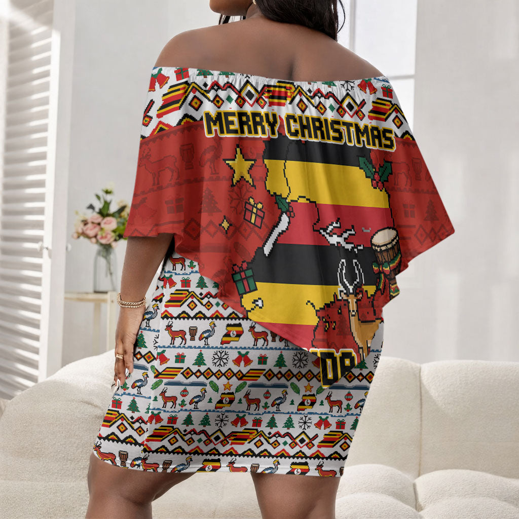 Uganda Christmas Crested Crane Off Shoulder Short Dress Ugandan Kob - Map Flag - Ssekukkulu Ennungi - Ugly Pixel Art
