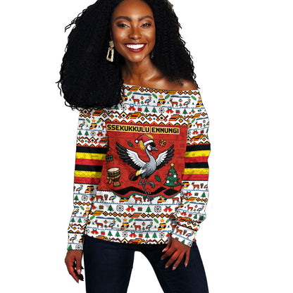 Uganda Christmas Crested Crane Off Shoulder Sweater Ugandan Kob - Map Flag - Ssekukkulu Ennungi - Ugly Pixel Art