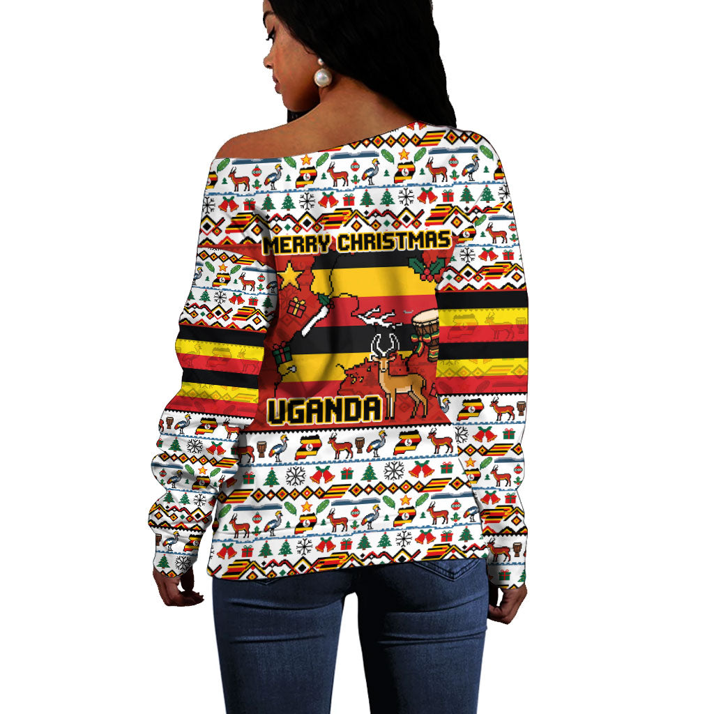 Uganda Christmas Crested Crane Off Shoulder Sweater Ugandan Kob - Map Flag - Ssekukkulu Ennungi - Ugly Pixel Art