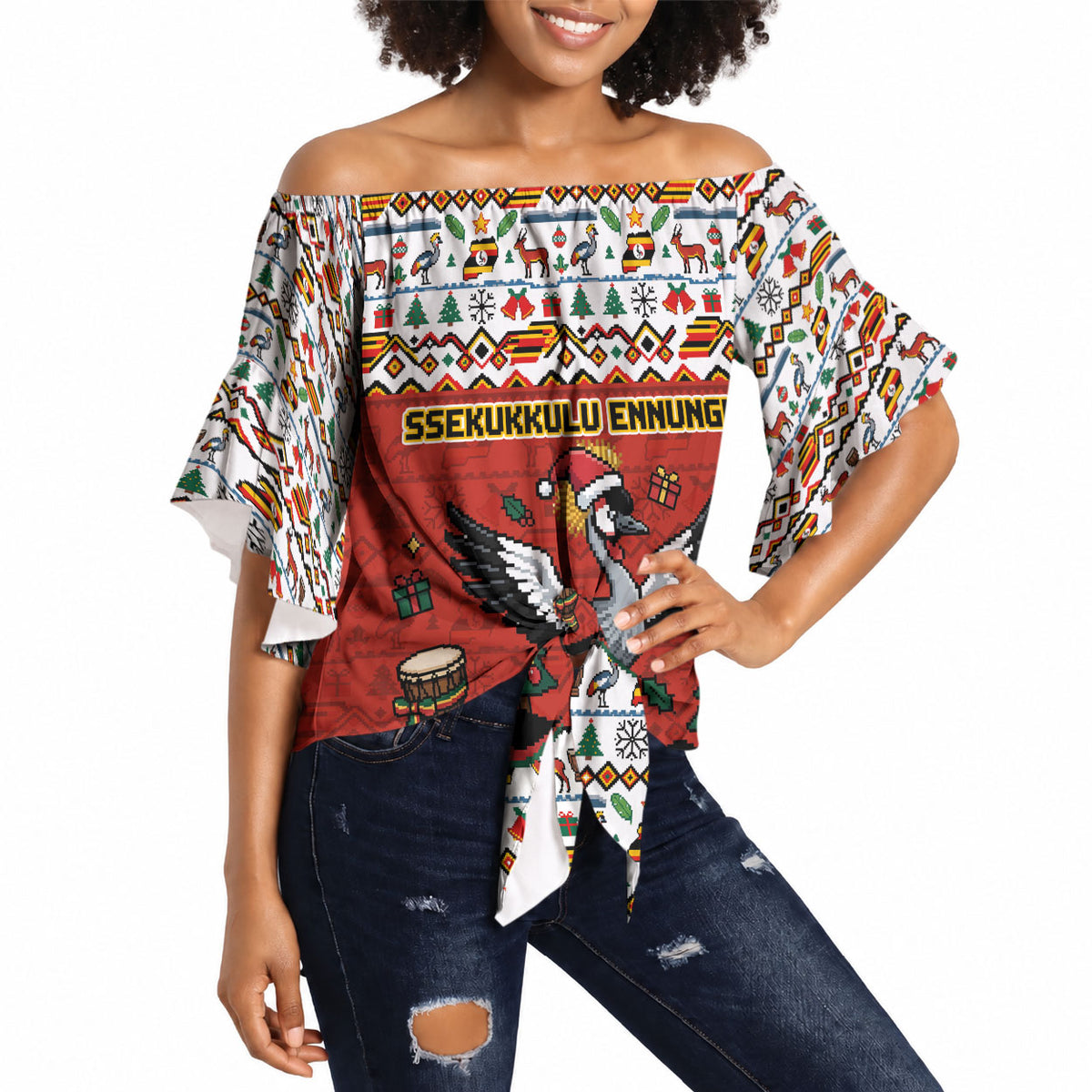 Uganda Christmas Crested Crane Off Shoulder Wrap Waist Top Ugandan Kob - Map Flag - Ssekukkulu Ennungi - Ugly Pixel Art