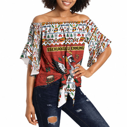 Uganda Christmas Crested Crane Off Shoulder Wrap Waist Top Ugandan Kob - Map Flag - Ssekukkulu Ennungi - Ugly Pixel Art