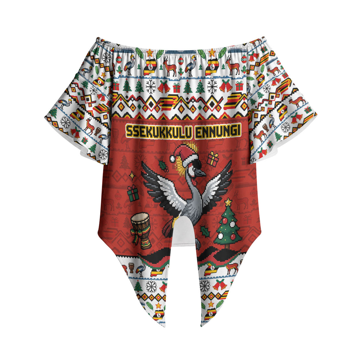 Uganda Christmas Crested Crane Off Shoulder Wrap Waist Top Ugandan Kob - Map Flag - Ssekukkulu Ennungi - Ugly Pixel Art