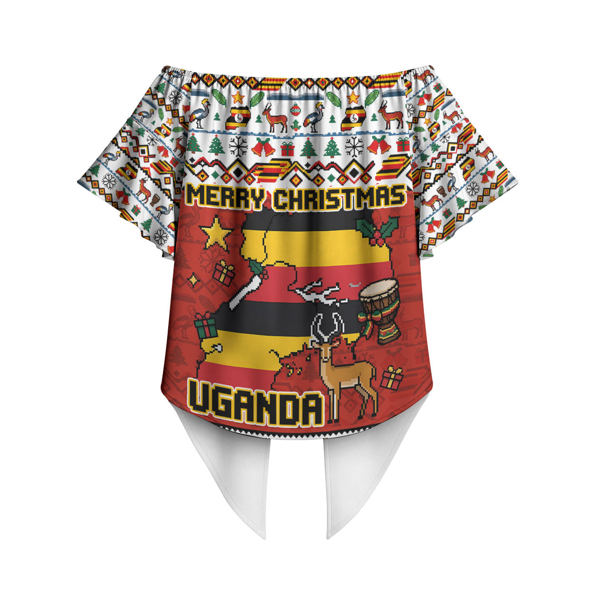 Uganda Christmas Crested Crane Off Shoulder Wrap Waist Top Ugandan Kob - Map Flag - Ssekukkulu Ennungi - Ugly Pixel Art