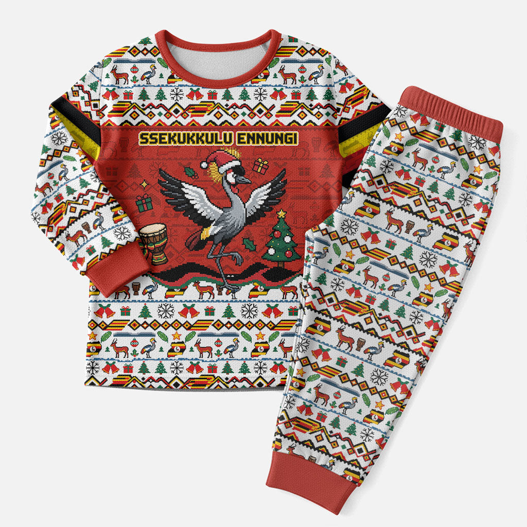 Uganda Christmas Crested Crane Christmas Pajama Set Ugandan Kob - Map Flag - Ssekukkulu Ennungi - Ugly Pixel Art