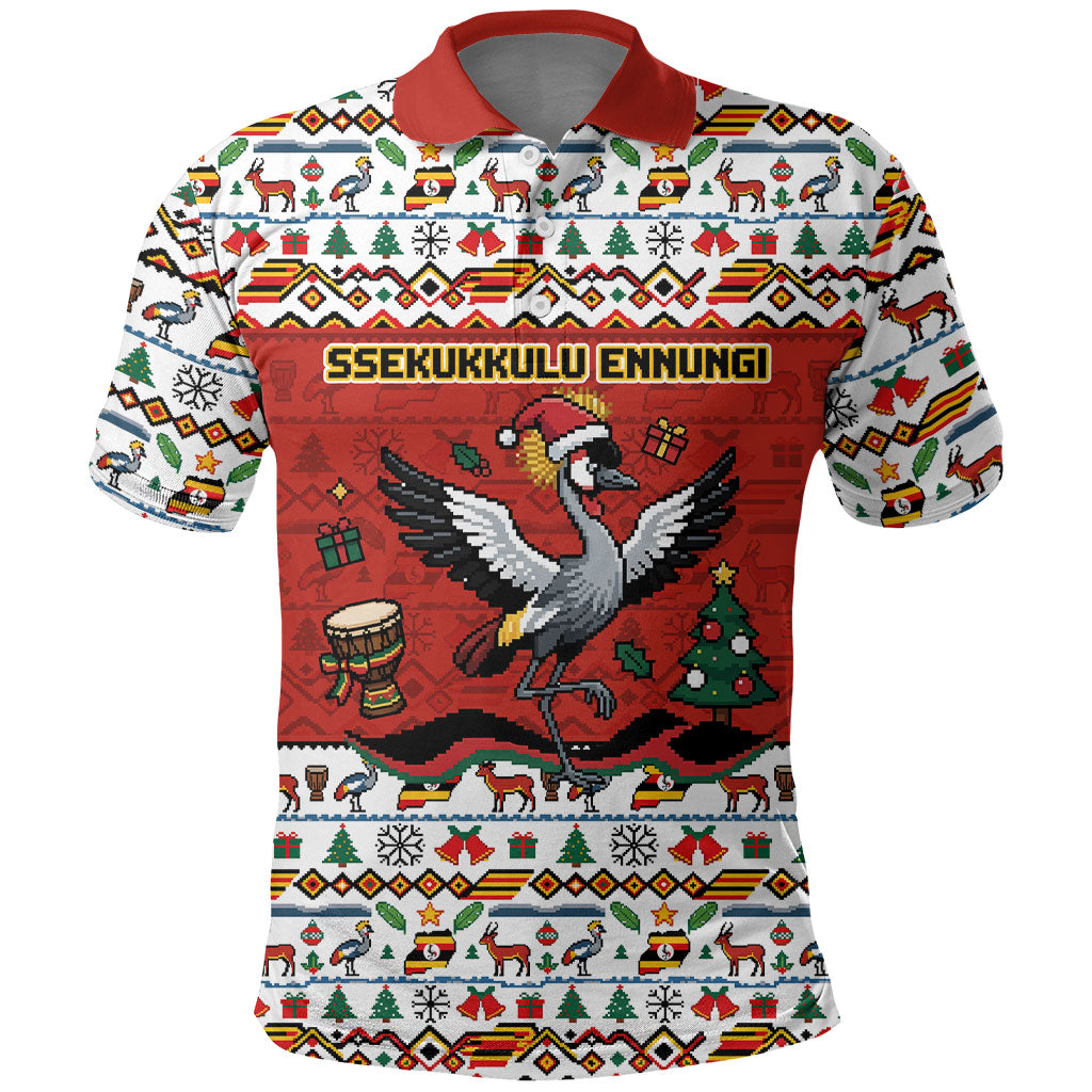 Uganda Christmas Crested Crane Polo Shirt Ugandan Kob - Map Flag - Ssekukkulu Ennungi - Ugly Pixel Art