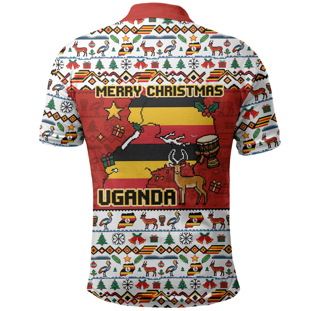 Uganda Christmas Crested Crane Polo Shirt Ugandan Kob - Map Flag - Ssekukkulu Ennungi - Ugly Pixel Art