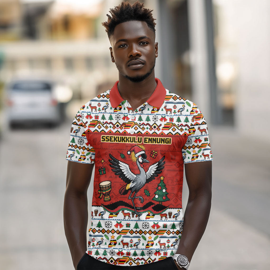 Uganda Christmas Crested Crane Polo Shirt Ugandan Kob - Map Flag - Ssekukkulu Ennungi - Ugly Pixel Art