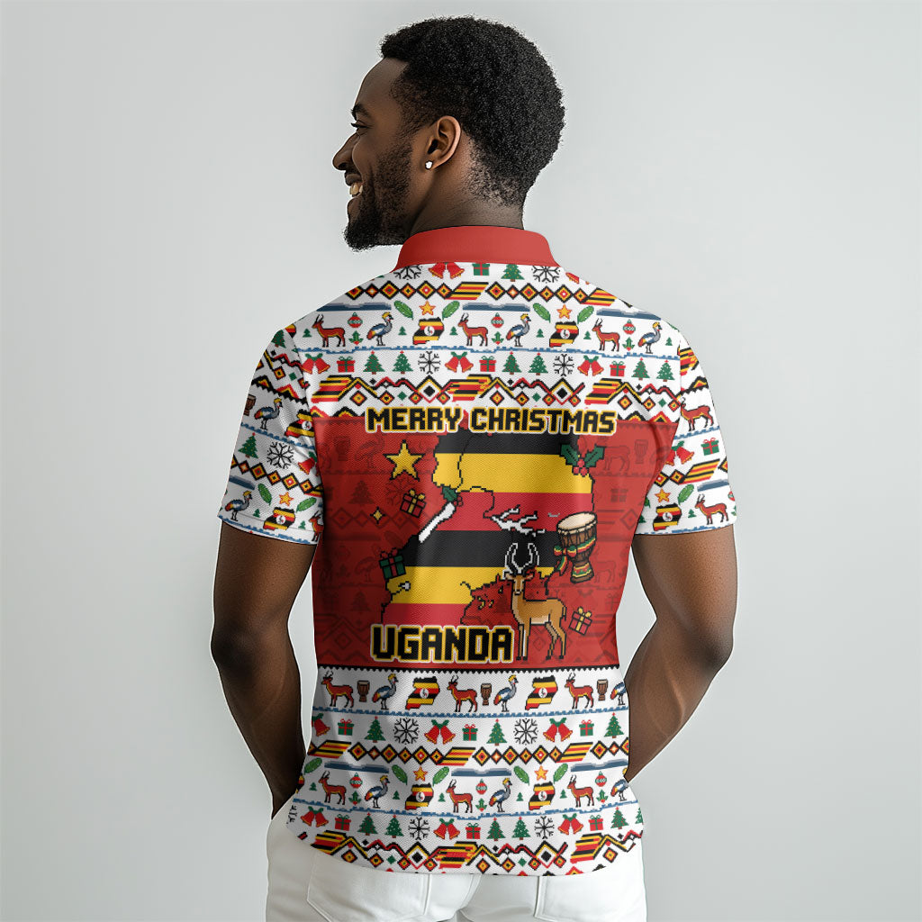 Uganda Christmas Crested Crane Polo Shirt Ugandan Kob - Map Flag - Ssekukkulu Ennungi - Ugly Pixel Art