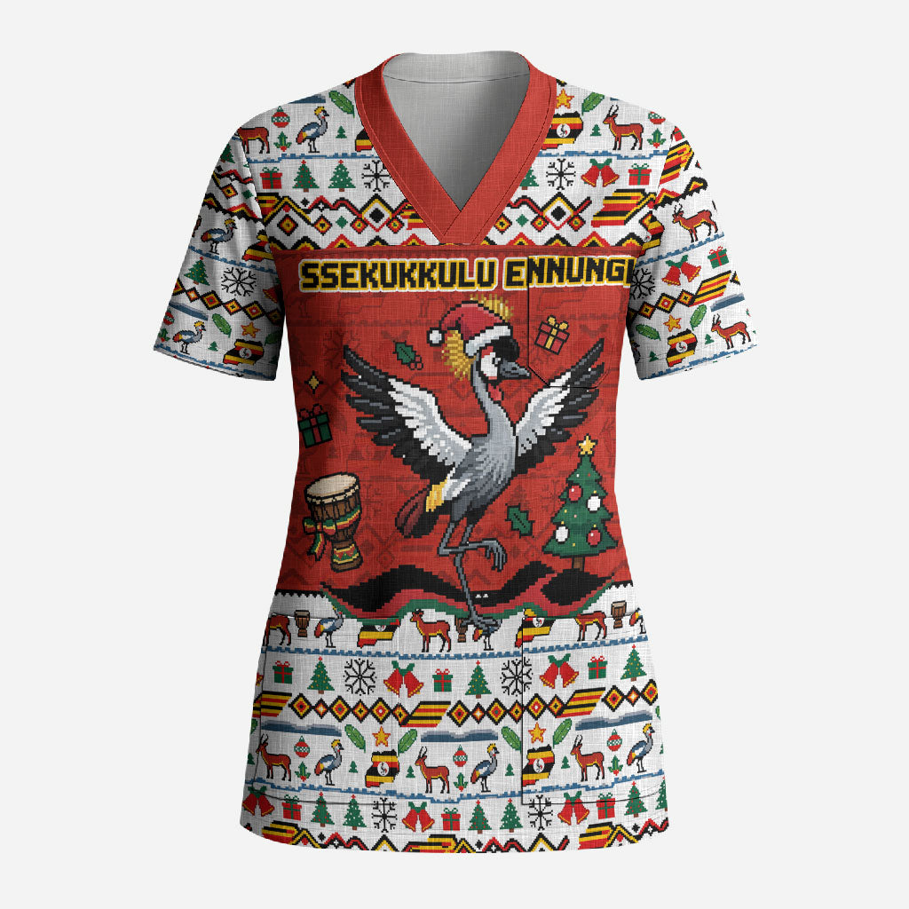 Uganda Christmas Crested Crane Scrub Top Ugandan Kob - Map Flag - Ssekukkulu Ennungi - Ugly Pixel Art
