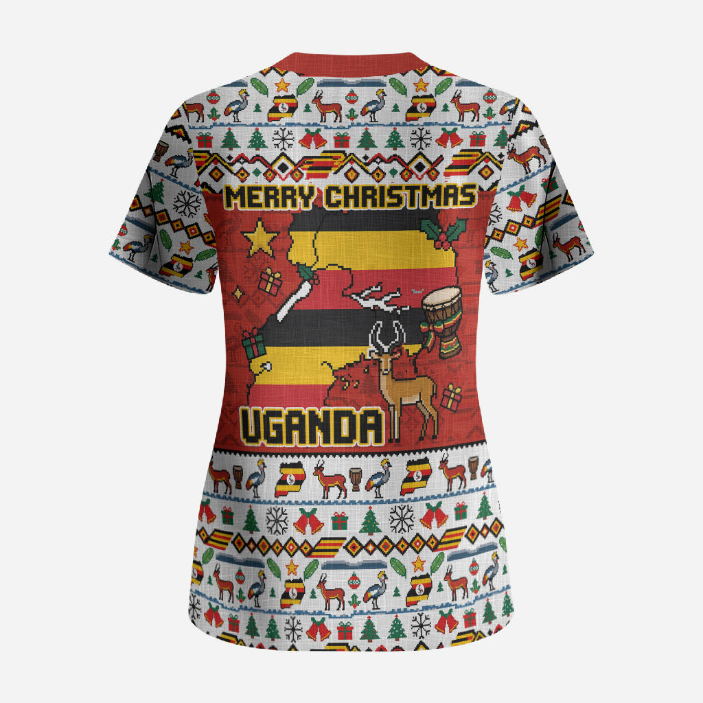 Uganda Christmas Crested Crane Scrub Top Ugandan Kob - Map Flag - Ssekukkulu Ennungi - Ugly Pixel Art