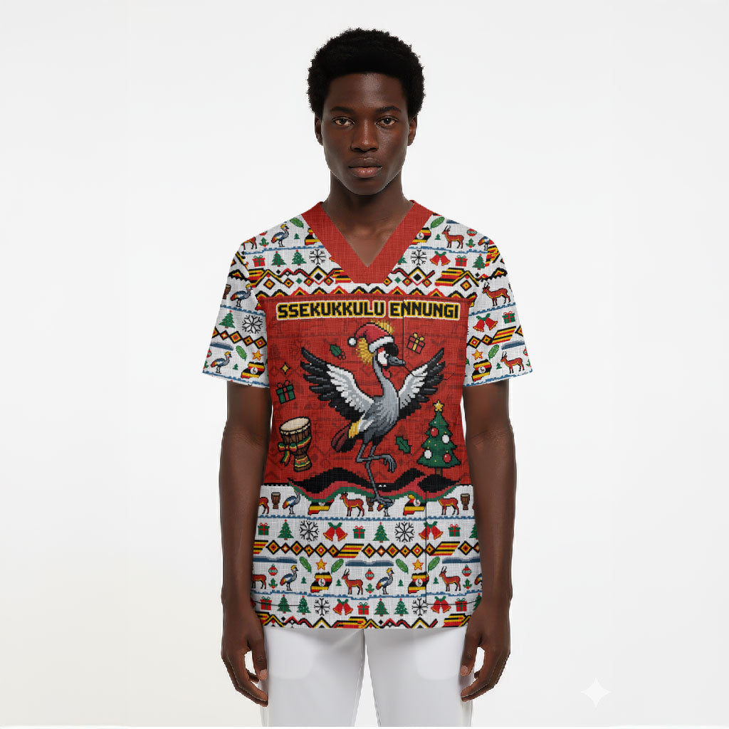 Uganda Christmas Crested Crane Scrub Top Ugandan Kob - Map Flag - Ssekukkulu Ennungi - Ugly Pixel Art