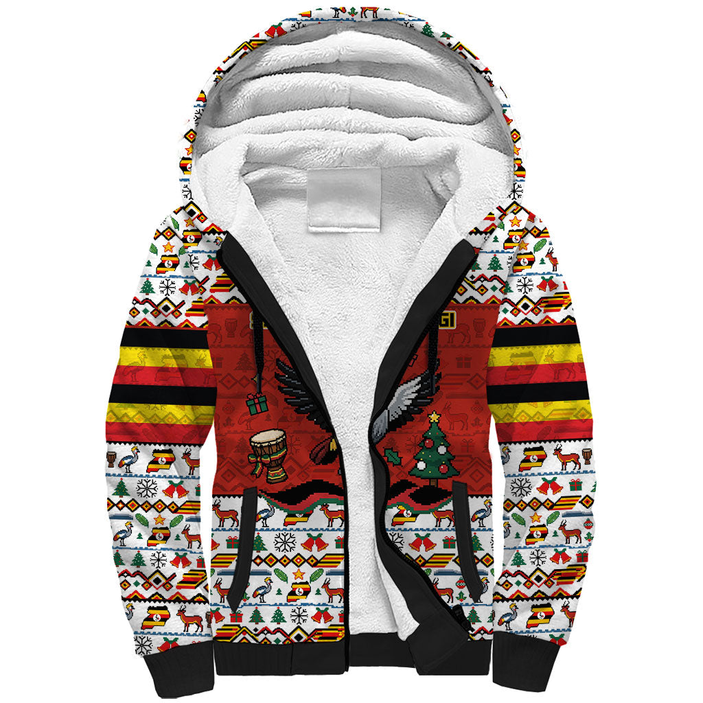 Uganda Christmas Crested Crane Sherpa Hoodie Ugandan Kob - Map Flag - Ssekukkulu Ennungi - Ugly Pixel Art